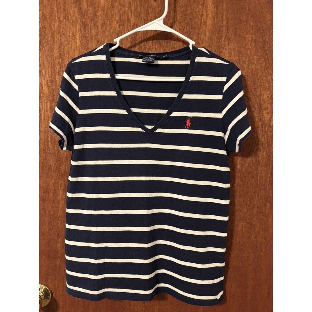 Ralph Lauren Sport women’s T-shirt, size M navy/white striped V-neck 100% cotton